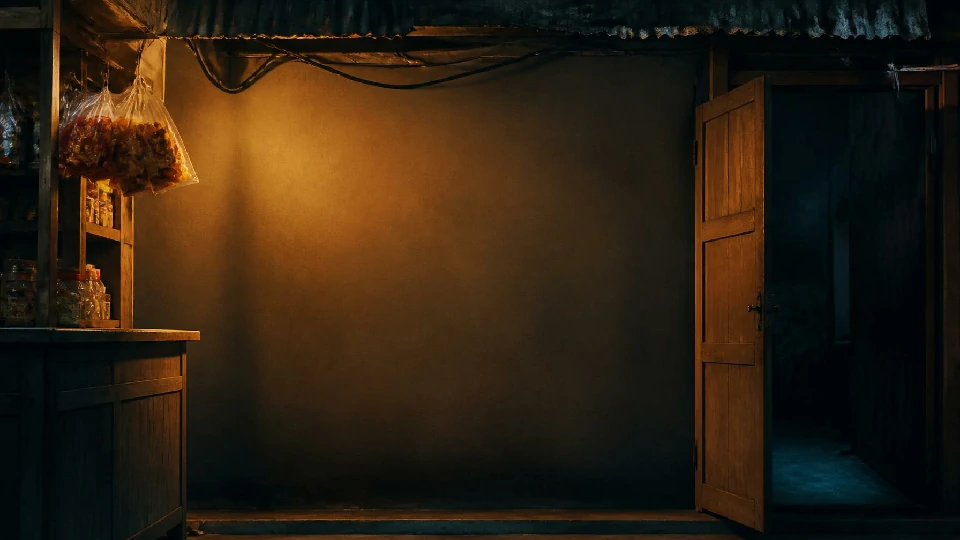 A dimly lit sari-sari store at night, shelves of goods fading into shadow under a single warm bulb