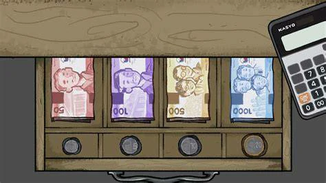 The cash drawer with 50, 100, 500, and 1000 peso bills beside the KASYO calculator